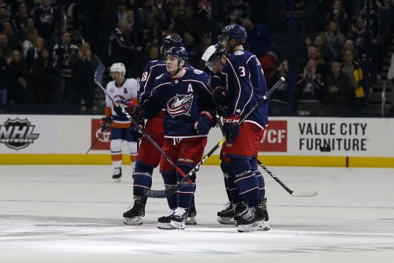 Mar 26, 2019; Columbus, OH, USA; Columbus Blue Jackets right wing Cam Atkinson (13) celebrates a goal during the third period against the New York Islanders at Nationwide Arena. Mandatory Credit: Russell LaBounty-USA TODAY Sports