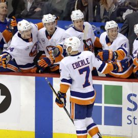 Mar 28, 2019; Winnipeg, Manitoba, CAN; New York Islanders right wing Jordan Eberle (7) celebrates after scoring a third period goal against the Winnipeg Jets at Bell MTS Place. Mandatory Credit: James Carey Lauder-USA TODAY Sports