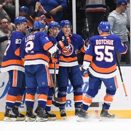 Mar 30, 2019; Uniondale, NY, USA; New York Islanders celebrate the goal by New York Islanders right wing Jordan Eberle (7) against the Buffalo Sabres during the first period at Nassau Veterans Memorial Coliseum. Mandatory Credit: Dennis Schneidler-USA TODAY Sports