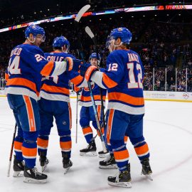 Mar 30, 2019; Uniondale, NY, USA; New York Islanders celebrate the goal by left wing Michael Dal Colle (28) against the Buffalo Sabres during the second period at Nassau Veterans Memorial Coliseum. Mandatory Credit: Dennis Schneidler-USA TODAY Sports