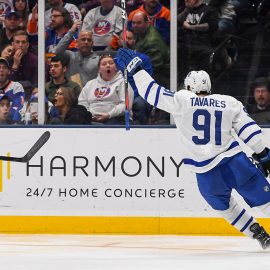 Apr 1, 2019; Uniondale, NY, USA; Toronto Maple Leafs center John Tavares (91) celebrates his goal against the New York Islanders during the third period at Nassau Veterans Memorial Coliseum. Mandatory Credit: Dennis Schneidler-USA TODAY Sports