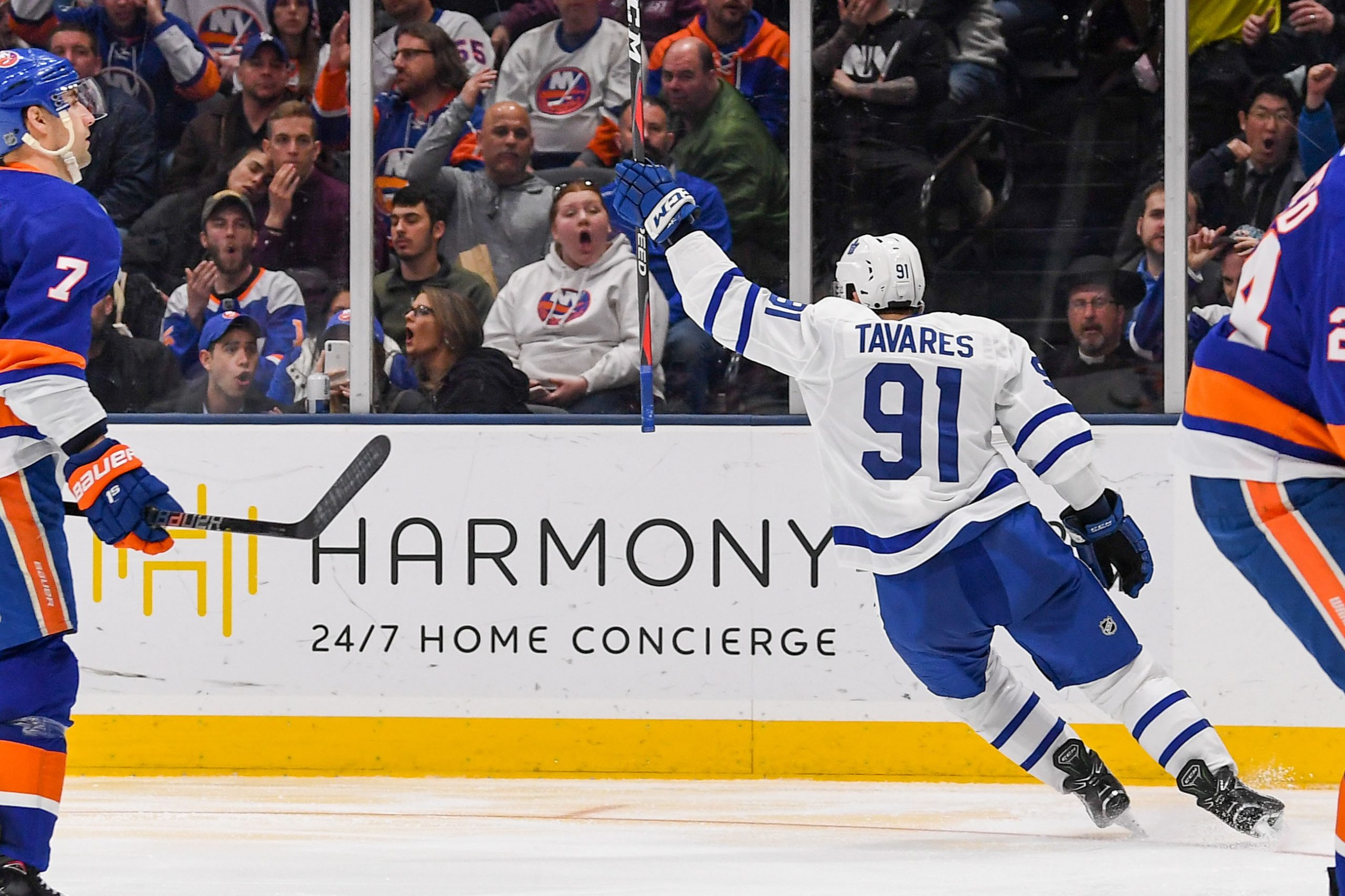 Apr 1, 2019; Uniondale, NY, USA; Toronto Maple Leafs center John Tavares (91) celebrates his goal against the New York Islanders during the third period at Nassau Veterans Memorial Coliseum. Mandatory Credit: Dennis Schneidler-USA TODAY Sports