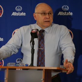 Mar 5, 2019; Uniondale, NY, USA; New York Islanders head coach Barry Trotz speaks after defeating the Ottawa Senators in overtime at Nassau Veterans Memorial Coliseum. The win was the 800th of his career. Mandatory Credit: Brad Penner-USA TODAY Sports