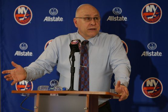 Mar 5, 2019; Uniondale, NY, USA; New York Islanders head coach Barry Trotz speaks after defeating the Ottawa Senators in overtime at Nassau Veterans Memorial Coliseum. The win was the 800th of his career. Mandatory Credit: Brad Penner-USA TODAY Sports