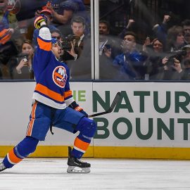 Apr 10, 2019; Brooklyn, NY, USA; New York Islanders right wing Jordan Eberle (7) celebrates his goal against the Pittsburgh Penguins during the first period in game one of the first round of the 2019 Stanley Cup Playoffs at Barclays Center. Mandatory Credit: Dennis Schneidler-USA TODAY Sports