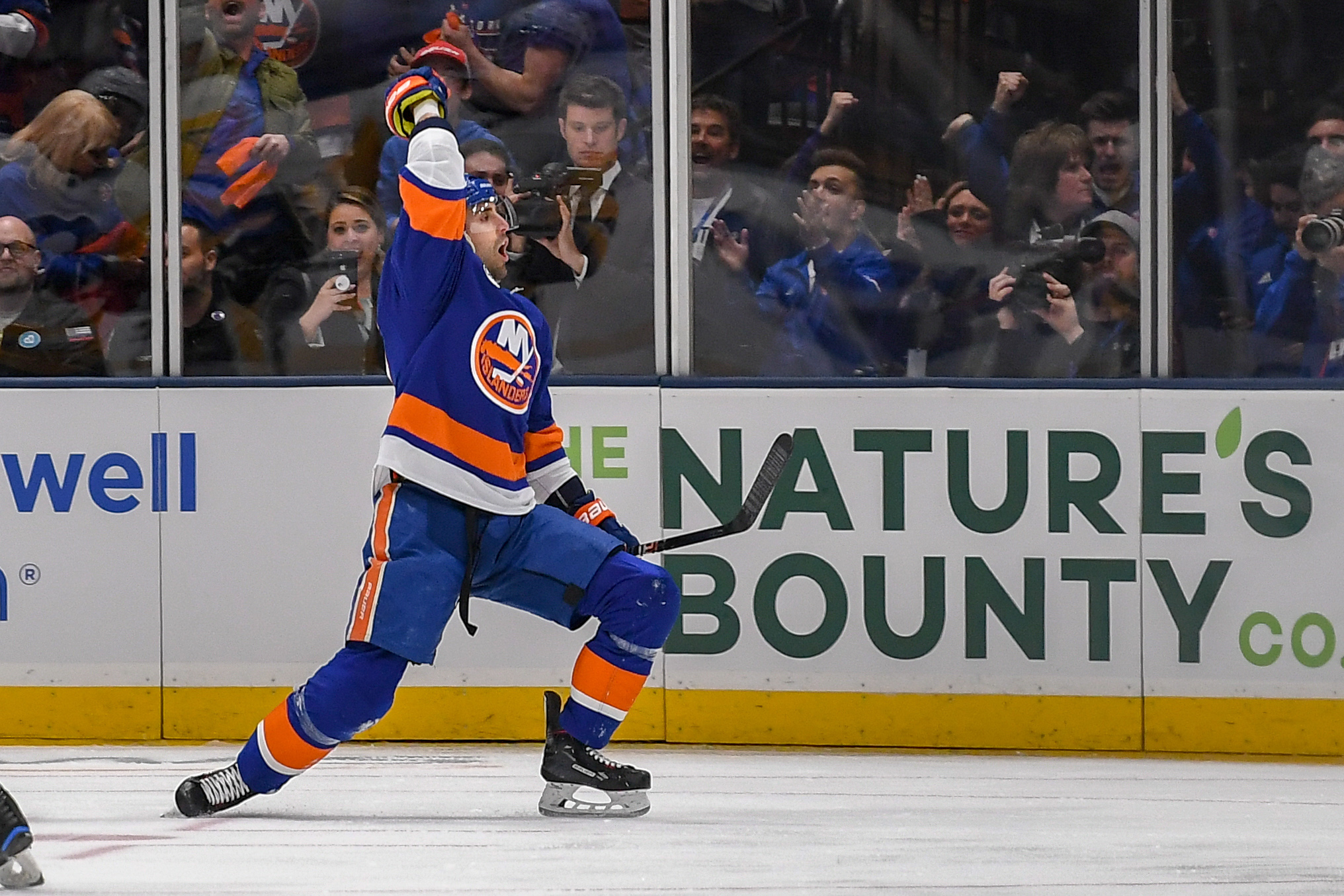 Apr 10, 2019; Brooklyn, NY, USA; New York Islanders right wing Jordan Eberle (7) celebrates his goal against the Pittsburgh Penguins during the first period in game one of the first round of the 2019 Stanley Cup Playoffs at Barclays Center. Mandatory Credit: Dennis Schneidler-USA TODAY Sports