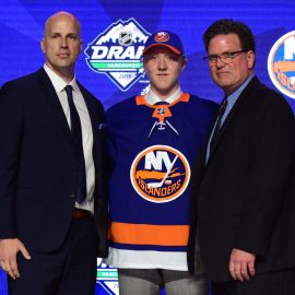 Jun 21, 2019; Vancouver, BC, Canada; Simon Holmstrom after being selected as the number twenty-three overall pick to the New York Islanders in the first round of the 2019 NHL Draft at Rogers Arena. Mandatory Credit: Anne-Marie Sorvin-USA TODAY Sports