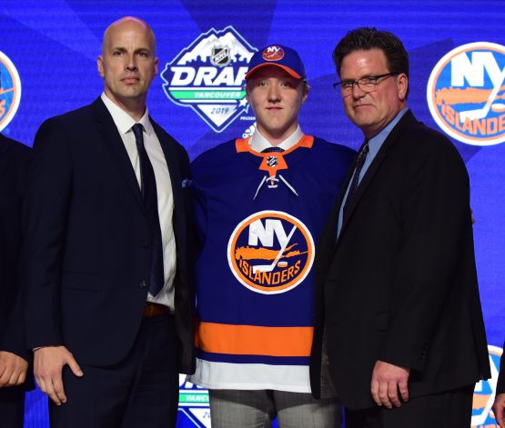Jun 21, 2019; Vancouver, BC, Canada; Simon Holmstrom after being selected as the number twenty-three overall pick to the New York Islanders in the first round of the 2019 NHL Draft at Rogers Arena. Mandatory Credit: Anne-Marie Sorvin-USA TODAY Sports