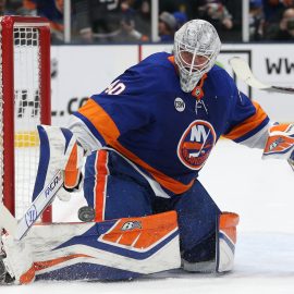 Mar 24, 2019; Uniondale, NY, USA; New York Islanders goalie Robin Lehner (40) makes a save against the Arizona Coyotes during the third period at Nassau Veterans Memorial Coliseum. Mandatory Credit: Brad Penner-USA TODAY Sports