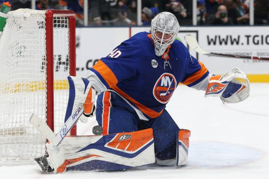 Mar 24, 2019; Uniondale, NY, USA; New York Islanders goalie Robin Lehner (40) makes a save against the Arizona Coyotes during the third period at Nassau Veterans Memorial Coliseum. Mandatory Credit: Brad Penner-USA TODAY Sports