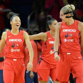 Aerial Powers smiling laughing with Elena Delle Donne