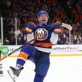Apr 12, 2019; Uniondale, NY, USA; New York Islanders left wing Anthony Beauvillier (18) celebrates his goal against the Pittsburgh Penguins during the second period of game two of the first round of the 2019 Stanley Cup Playoffs at Nassau Veterans Memorial Coliseum. Mandatory Credit: Brad Penner-USA TODAY Sports