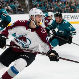Apr 28, 2019; San Jose, CA, USA; Colorado Avalanche center Derick Brassard (18) reacts after missing a shot against the San Jose Sharks in the second period of game two of the second round of the 2019 Stanley Cup Playoffs at SAP Center at San Jose. Mandatory Credit: John Hefti-USA TODAY Sports