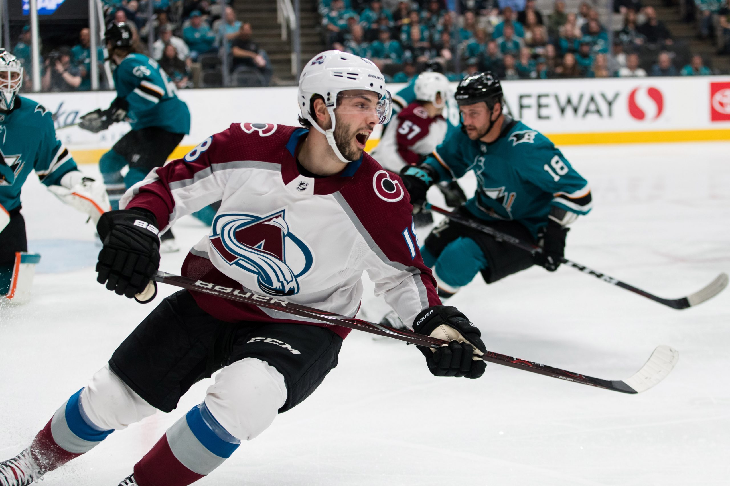 Apr 28, 2019; San Jose, CA, USA; Colorado Avalanche center Derick Brassard (18) reacts after missing a shot against the San Jose Sharks in the second period of game two of the second round of the 2019 Stanley Cup Playoffs at SAP Center at San Jose. Mandatory Credit: John Hefti-USA TODAY Sports
