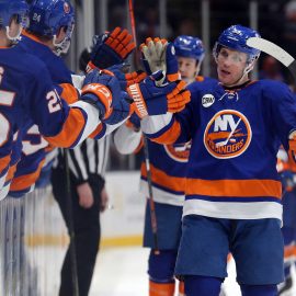 Feb 2, 2019; Uniondale, NY, USA; New York Islanders center Casey Cizikas (53) celebrates his goal against the Los Angeles Kings with teammates during the first period at Nassau Veterans Memorial Coliseum. Mandatory Credit: Brad Penner-USA TODAY Sports