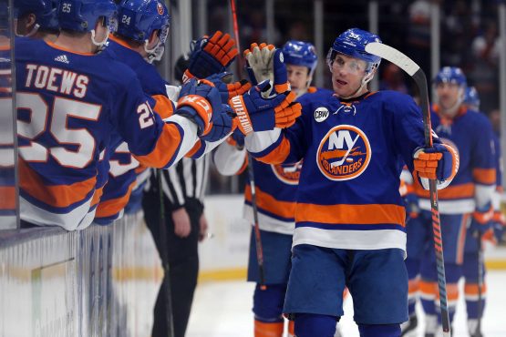 Feb 2, 2019; Uniondale, NY, USA; New York Islanders center Casey Cizikas (53) celebrates his goal against the Los Angeles Kings with teammates during the first period at Nassau Veterans Memorial Coliseum. Mandatory Credit: Brad Penner-USA TODAY Sports