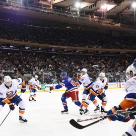 Sep 24, 2019; New York, NY, USA; New York Islanders defender Noah Dobson (45) skates with the puck during the second period against the New York Rangers at Madison Square Garden. Mandatory Credit: Sarah Stier-USA TODAY Sports