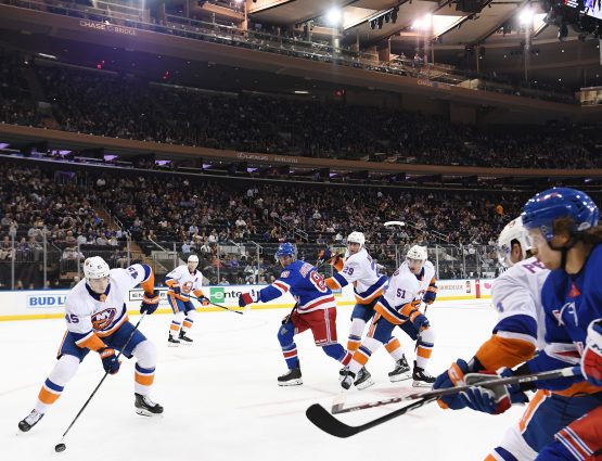 Sep 24, 2019; New York, NY, USA; New York Islanders defender Noah Dobson (45) skates with the puck during the second period against the New York Rangers at Madison Square Garden. Mandatory Credit: Sarah Stier-USA TODAY Sports