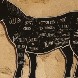 A board with butchers horsemeat cuts hangs on the wall at Le Taxi Jaune restaurant in Paris