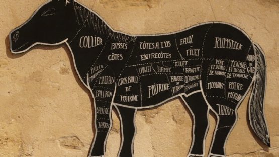 A board with butchers horsemeat cuts hangs on the wall at Le Taxi Jaune restaurant in Paris