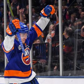 Mar 30, 2019; Uniondale, NY, USA; New York Islanders left wing Michael Dal Colle (28) celebrates his goal against the Buffalo Sabres during the second period at Nassau Veterans Memorial Coliseum. Mandatory Credit: Dennis Schneidler-USA TODAY Sports