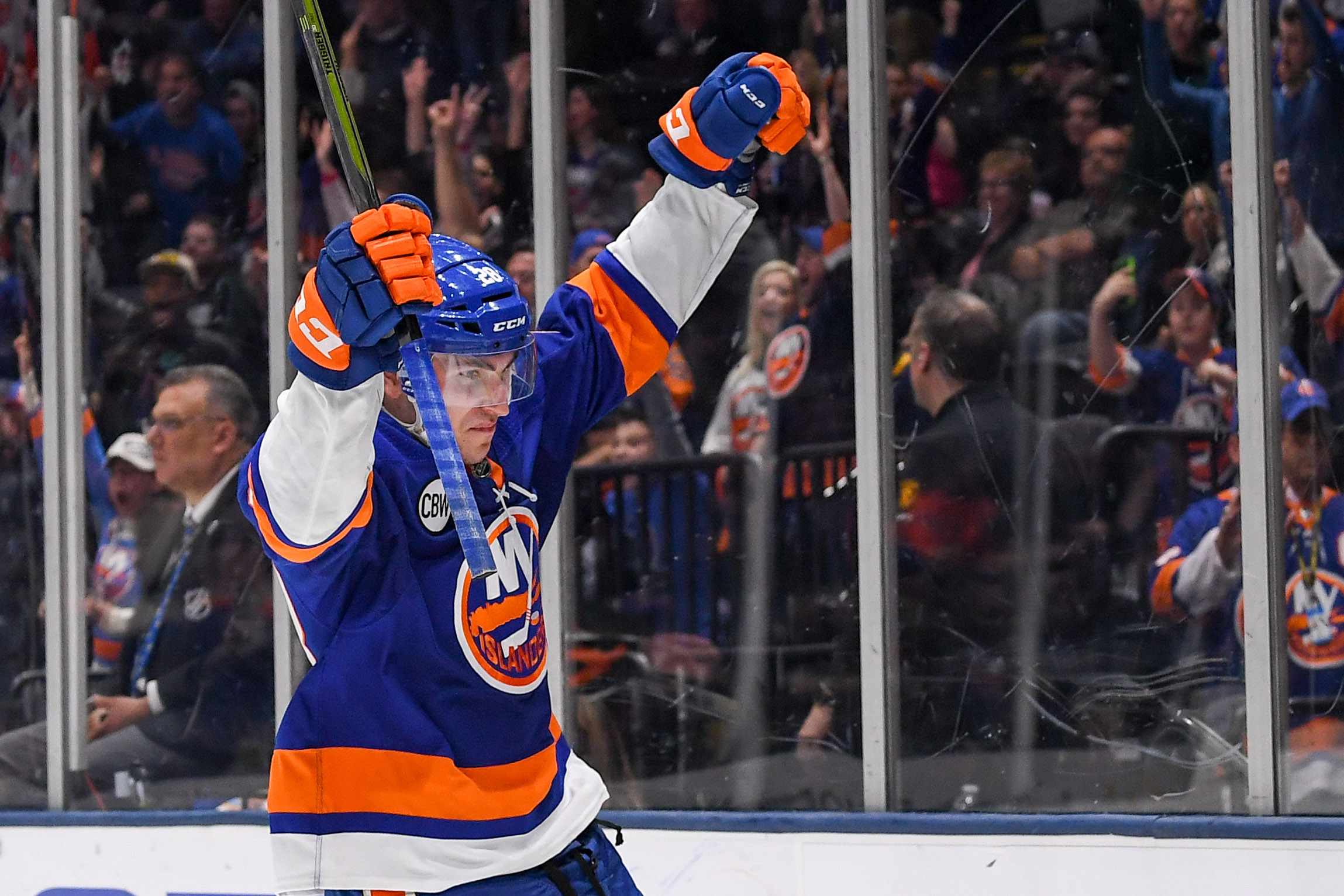 Mar 30, 2019; Uniondale, NY, USA; New York Islanders left wing Michael Dal Colle (28) celebrates his goal against the Buffalo Sabres during the second period at Nassau Veterans Memorial Coliseum. Mandatory Credit: Dennis Schneidler-USA TODAY Sports