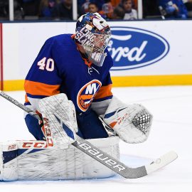 Oct 4, 2019; Uniondale, NY, USA; New York Islanders goaltender Semyon Varlamov (40) makes a save against the against the Washington Capitals during the first period at Nassau Veterans Memorial Coliseum. Mandatory Credit: Dennis Schneidler-USA TODAY Sports