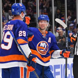 Oct 6, 2019; Brooklyn, NY, USA; New York Islanders celebrate the goal by New York Islanders center Brock Nelson (29) against the Winnipeg Jets during the second period at Nassau Veterans Memorial Coliseum. Mandatory Credit: Dennis Schneidler-USA TODAY Sports