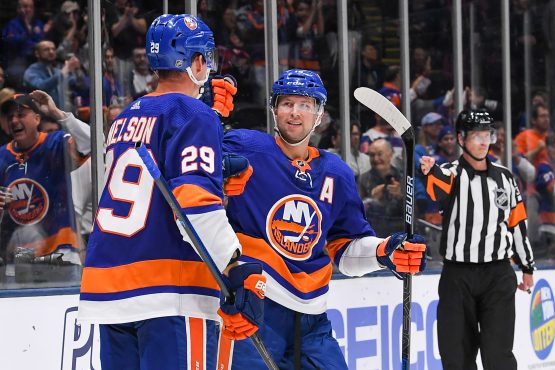 Oct 6, 2019; Brooklyn, NY, USA; New York Islanders celebrate the goal by New York Islanders center Brock Nelson (29) against the Winnipeg Jets during the second period at Nassau Veterans Memorial Coliseum. Mandatory Credit: Dennis Schneidler-USA TODAY Sports