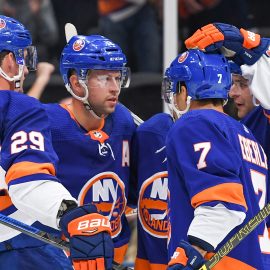 Oct 6, 2019; Brooklyn, NY, USA; New York Islanders celebrate the goal by left wing Anders Lee (27) against the Winnipeg Jets during the second period at Nassau Veterans Memorial Coliseum. Mandatory Credit: Dennis Schneidler-USA TODAY Sports