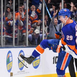 Oct 6, 2019; Brooklyn, NY, USA; New York Islanders center Brock Nelson (29) celebrates his goal against the Winnipeg Jets during the second period at Nassau Veterans Memorial Coliseum. Mandatory Credit: Dennis Schneidler-USA TODAY Sports