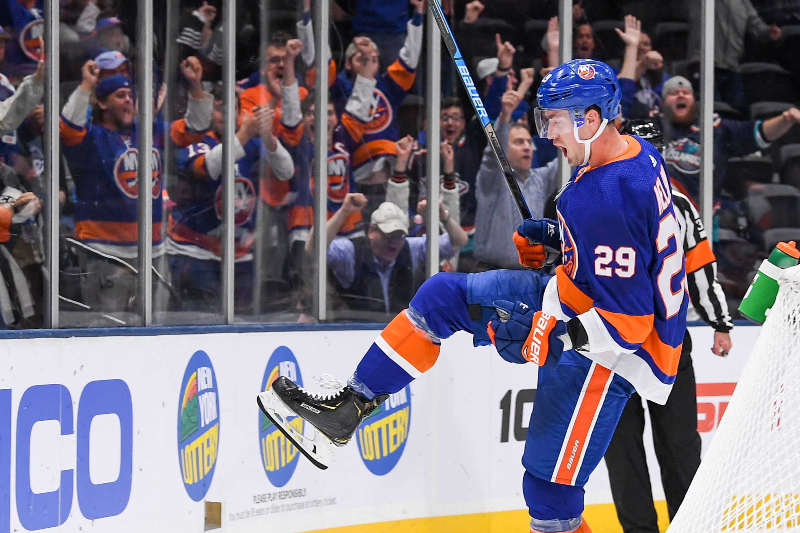 Oct 6, 2019; Brooklyn, NY, USA; New York Islanders center Brock Nelson (29) celebrates his goal against the Winnipeg Jets during the second period at Nassau Veterans Memorial Coliseum. Mandatory Credit: Dennis Schneidler-USA TODAY Sports