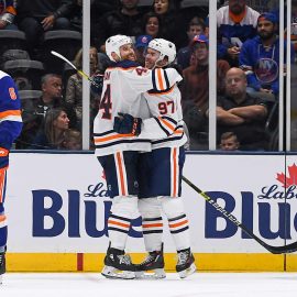 Oct 8, 2019; Uniondale, NY, USA; Edmonton Oilers right wing Zack Kassian (44) celebrates his goal with Edmonton Oilers center Connor McDavid (97) against the New York Islanders during the second period at Nassau Veterans Memorial Coliseum. Mandatory Credit: Dennis Schneidler-USA TODAY Sports