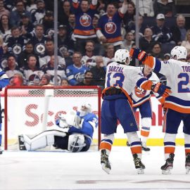 Oct 17, 2019; Winnipeg, Manitoba, CAN; New York Islanders center Mathew Barzal (13) celebrates his second period goal against the Winnipeg Jets at Bell MTS Place. Mandatory Credit: James Carey Lauder-USA TODAY Sports