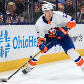 Oct 19, 2019; Columbus, OH, USA; New York Islanders center Mathew Barzal (13) skates with the puck against the Columbus Blue Jackets in the first period at Nationwide Arena. Mandatory Credit: Aaron Doster-USA TODAY Sports