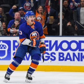 Nov 1, 2019; Uniondale, NY, USA; New York Islanders center Mathew Barzal (13) celebrates his goal against the Tampa Bay Lightning during the second period at Nassau Veterans Memorial Coliseum. Mandatory Credit: Dennis Schneidler-USA TODAY Sports