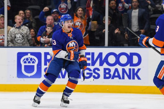 Nov 1, 2019; Uniondale, NY, USA; New York Islanders center Mathew Barzal (13) celebrates his goal against the Tampa Bay Lightning during the second period at Nassau Veterans Memorial Coliseum. Mandatory Credit: Dennis Schneidler-USA TODAY Sports