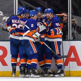 Nov 1, 2019; Uniondale, NY, USA; New York Islanders celebrate the goal by New York Islanders center Anders Lee (27) against the Tampa Bay Lightning during the third period at Nassau Veterans Memorial Coliseum. Mandatory Credit: Dennis Schneidler-USA TODAY Sports