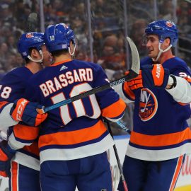 Nov 2, 2019; Buffalo, NY, USA; New York Islanders center Derick Brassard (10) celebrates with teammates after scoring a goal during the first period against the Buffalo Sabres at KeyBank Center. Mandatory Credit: Timothy T. Ludwig-USA TODAY Sports
