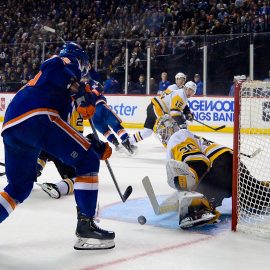 Nov 7, 2019; Brooklyn, NY, USA; Pittsburgh Penguins goaltender Matt Murray (30) makes a save against New York Islanders center Brock Nelson (29) during the second period at Barclays Center. Mandatory Credit: Dennis Schneidler-USA TODAY Sports
