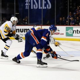 Nov 21, 2019; Brooklyn, NY, USA; New York Islanders center Brock Nelson (29) scores the game winning goal against the Pittsburgh Penguins during overtime at Barclays Center. Mandatory Credit: Andy Marlin-USA TODAY Sports