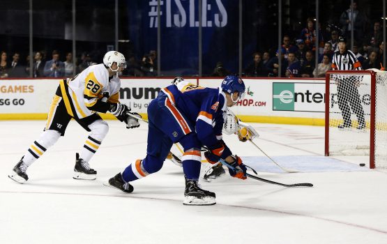 Nov 21, 2019; Brooklyn, NY, USA; New York Islanders center Brock Nelson (29) scores the game winning goal against the Pittsburgh Penguins during overtime at Barclays Center. Mandatory Credit: Andy Marlin-USA TODAY Sports