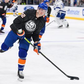 Nov 1, 2019; Uniondale, NY, USA; New York Islanders left wing Ross Johnston (32) wears his Military jersey for Military Appreciation Night before the game against the Tampa Bay Lightning at Nassau Veterans Memorial Coliseum. Mandatory Credit: Dennis Schneidler-USA TODAY Sports