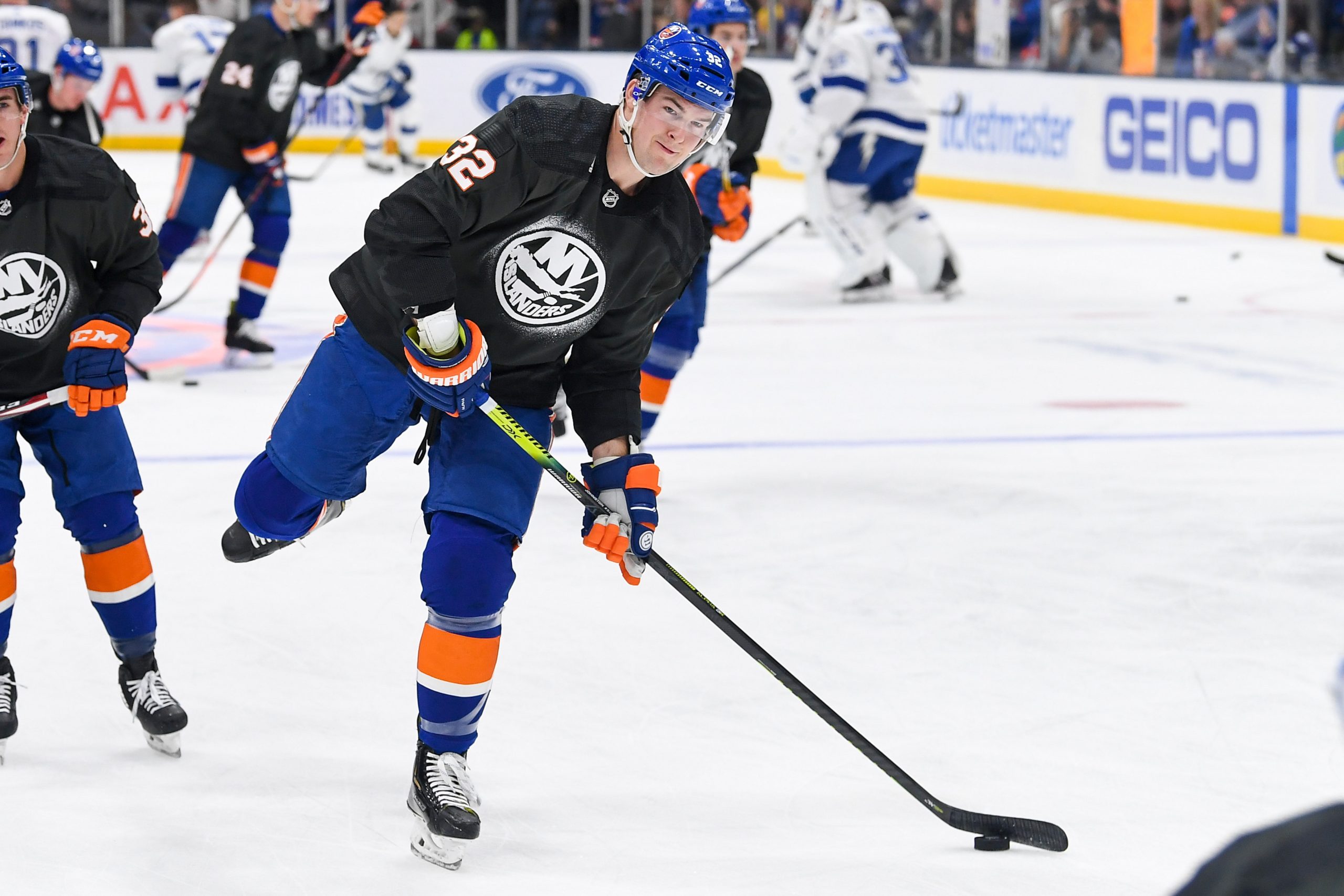 Nov 1, 2019; Uniondale, NY, USA; New York Islanders left wing Ross Johnston (32) wears his Military jersey for Military Appreciation Night before the game against the Tampa Bay Lightning at Nassau Veterans Memorial Coliseum. Mandatory Credit: Dennis Schneidler-USA TODAY Sports