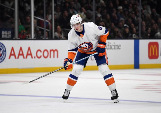 Nov 27, 2019; Los Angeles, CA, USA; New York Islanders defenseman Noah Dobson (8) in the third period against the Los Angeles Kings at Staples Center. The Kings defeated the Islanders 4-1. Mandatory Credit: Kirby Lee-USA TODAY Sports