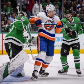 Dec 7, 2019; Dallas, TX, USA; Dallas Stars goaltender Ben Bishop (30) and defenseman John Klingberg (3) defend against New York Islanders left wing Anders Lee (27) during the game at the American Airlines Center. Mandatory Credit: Jerome Miron-USA TODAY Sports