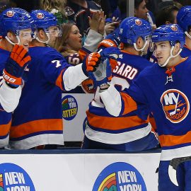 Dec 14, 2019; Uniondale, NY, USA; New York Islanders left wing Michael Dal Colle (28) celebrates with teammates after scoring a goal against the Buffalo Sabres during the first period at Nassau Veterans Memorial Coliseum. Mandatory Credit: Andy Marlin-USA TODAY Sports