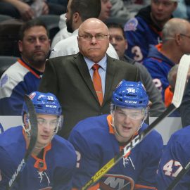 Dec 17, 2019; Uniondale, NY, USA; New York Islanders head coach Barry Trotz coaches against the Nashville Predators during the first period at Nassau Veterans Memorial Coliseum. Mandatory Credit: Brad Penner-USA TODAY Sports