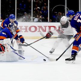 Jan 2, 2020; Brooklyn, New York, USA; New York Islanders goaltender Semyon Varlamov (40) makes a save against the New Jersey Devils during the third period at Barclays Center. Mandatory Credit: Andy Marlin-USA TODAY Sports