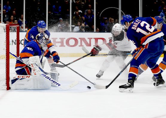 Jan 2, 2020; Brooklyn, New York, USA; New York Islanders goaltender Semyon Varlamov (40) makes a save against the New Jersey Devils during the third period at Barclays Center. Mandatory Credit: Andy Marlin-USA TODAY Sports